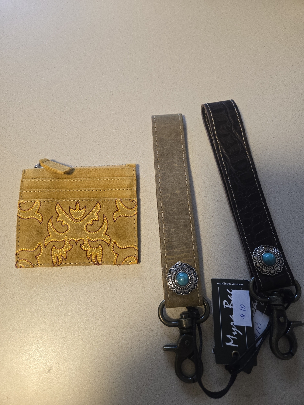 Myra Bag Mustard Suede Card Wallet with Leather Strap Key Fobs